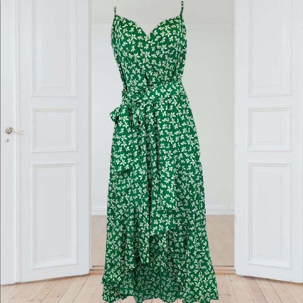 ELIZA J Floral Faux Wrap High/Low Midi Dress Green White Women's Size 18